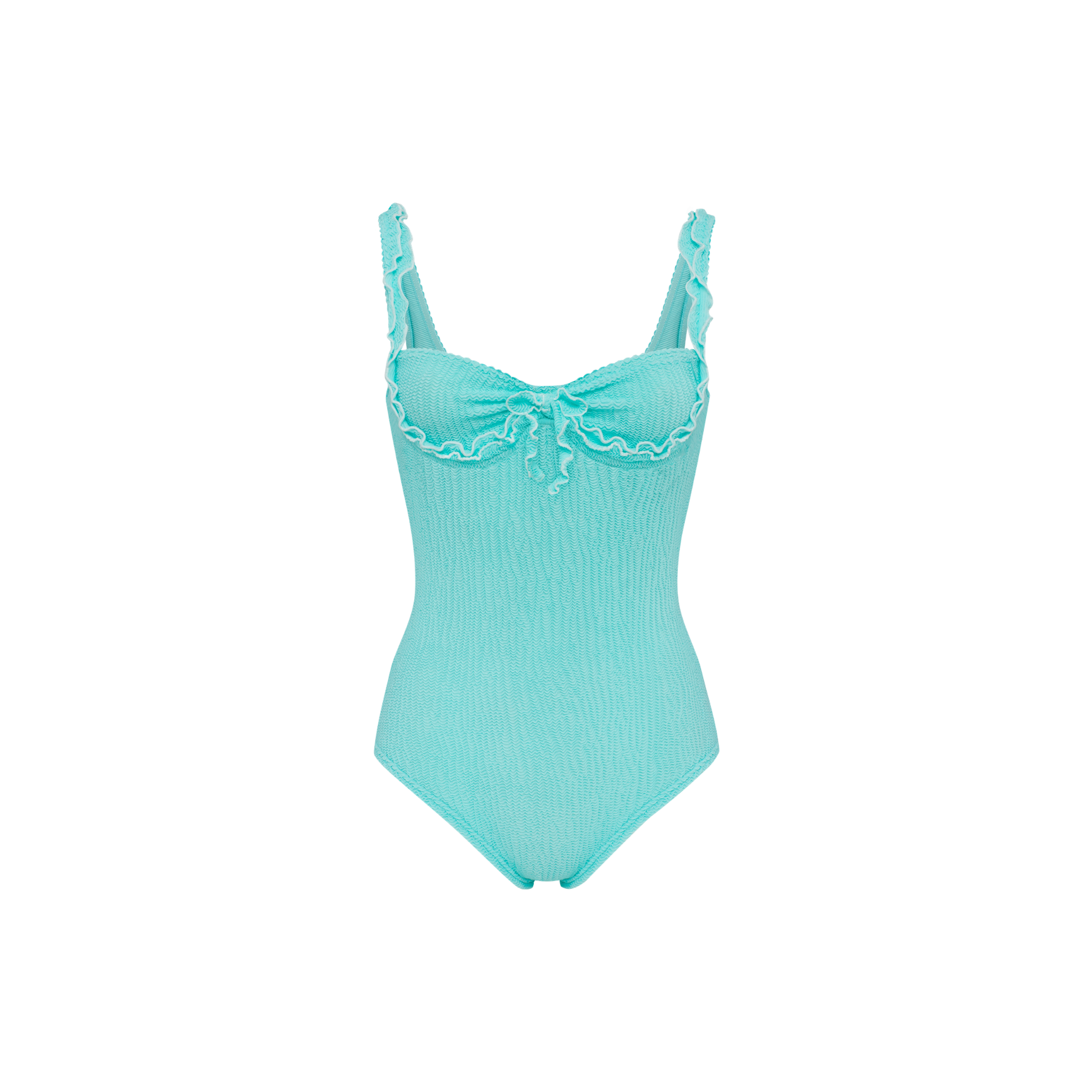 Mint one-piece swimsuit with wave ruffle trim and tie front