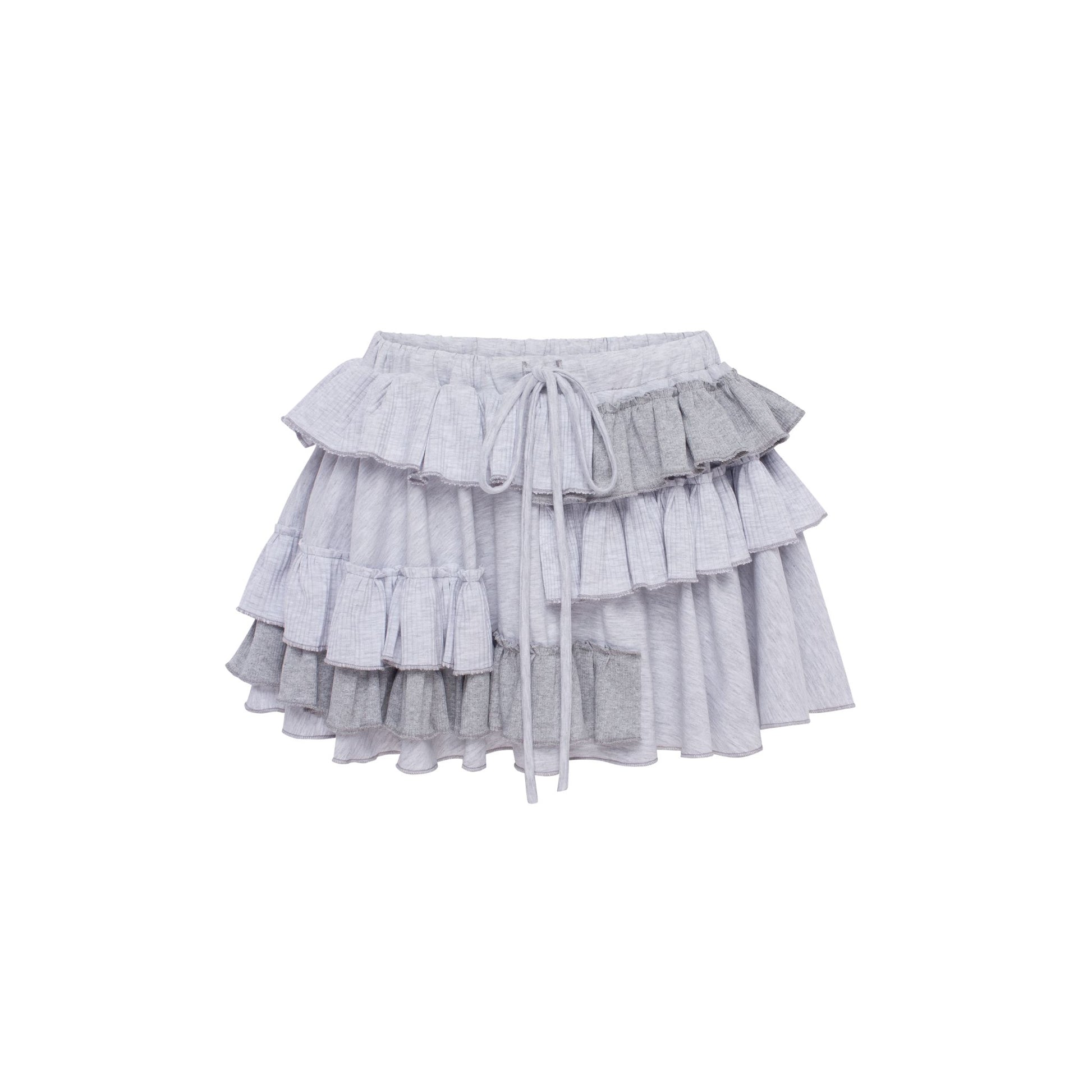 Light gray ruffle skort with tiered flounce layers and elastic drawstring waist