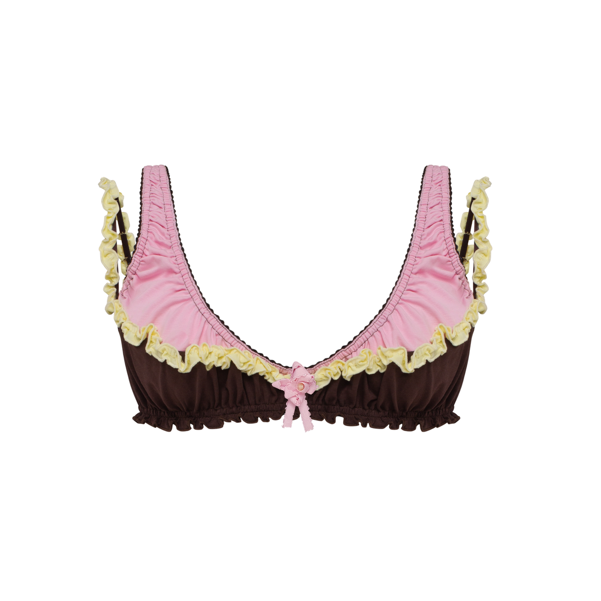 Ruffled double-strap bra in brown and pink with center bow and scalloped trim