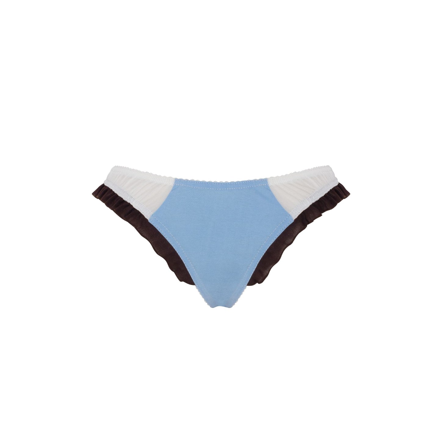 Light blue tanga with dark ruffle sides and white trim across waistband