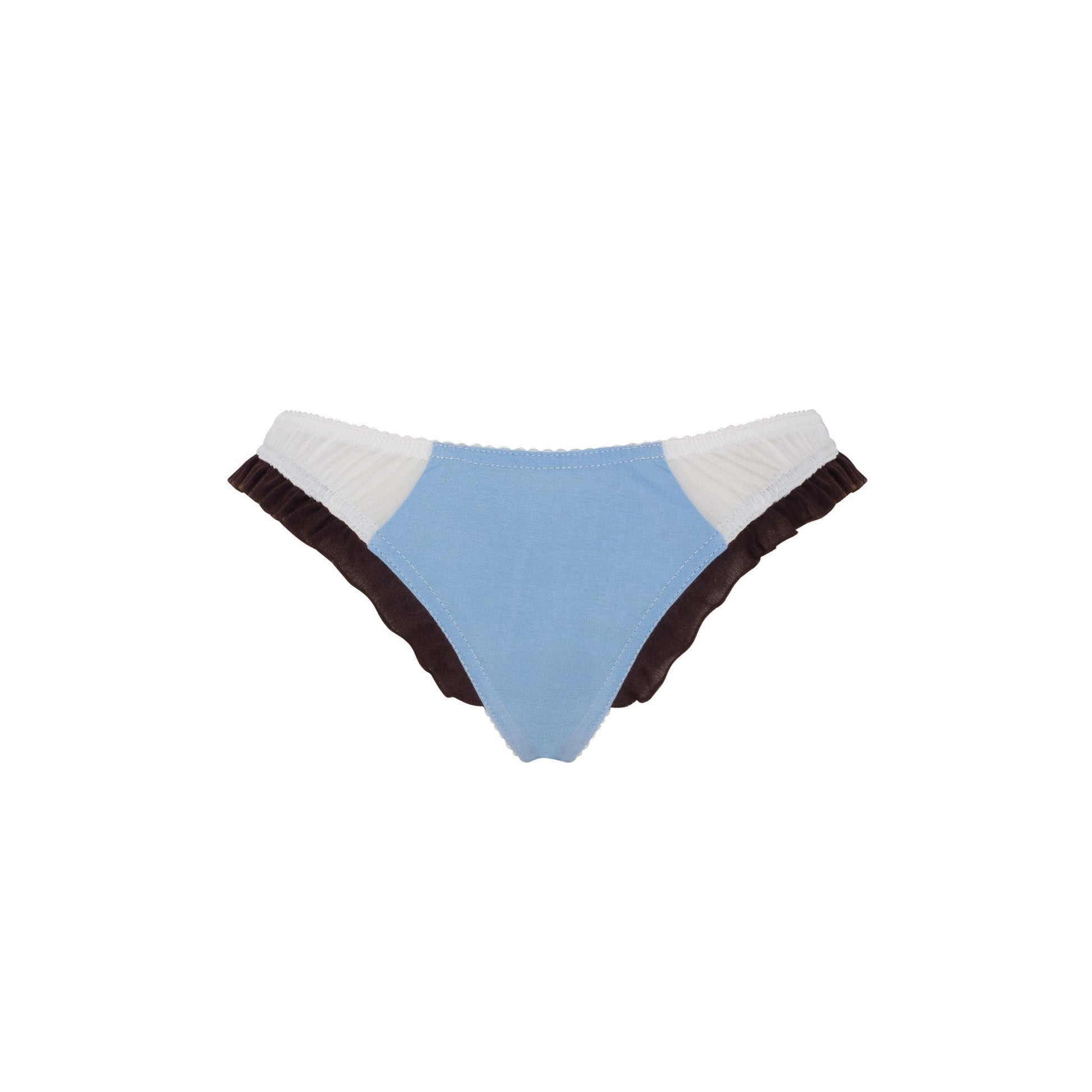 Light blue tanga with dark ruffle sides and white trim across waistband