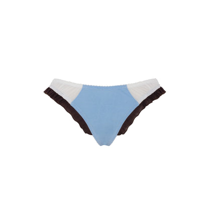 Light blue tanga with dark ruffle sides and white trim across waistband