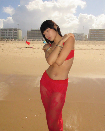 Red sheer lace-like boyshorts with ribbed texture and scalloped edges