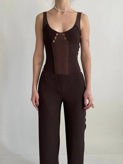 Brown wavy-rib bodysuit with scoop neckline and symmetrical cutout lace-up at bust