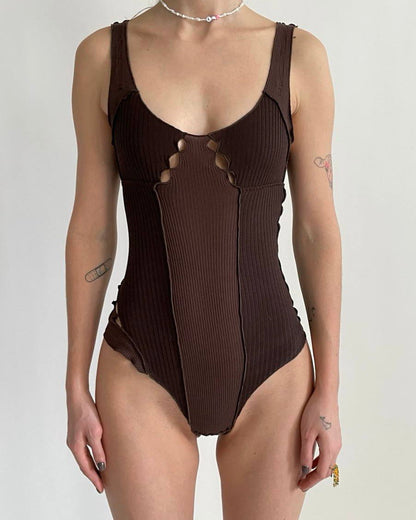Brown ribbed wavy bodysuit with scoop neck, side straps, and front lace-up detail